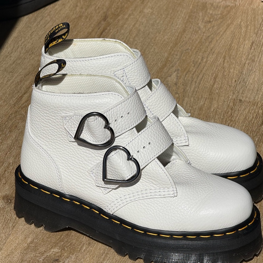 Dr. Martens White and Black Heart Buckle Boots